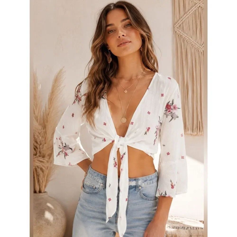 Lost + Wander Floral Tie-Front Crop Top - Cream